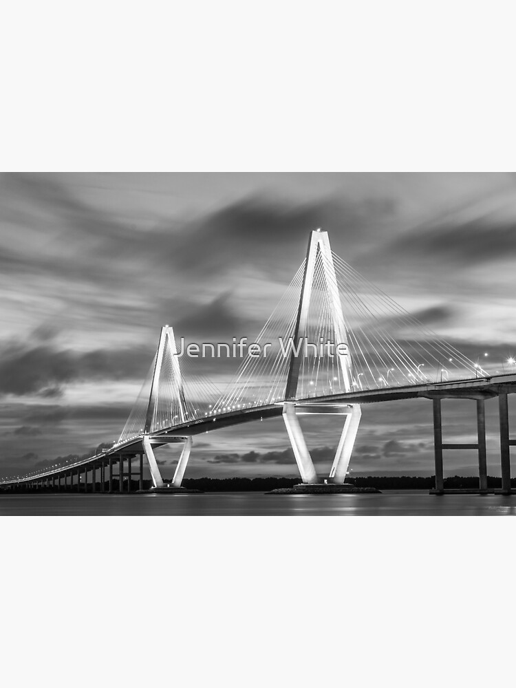 "Arthur Ravenel Bridge At Night Grayscale" Sticker by mljdwhite Redbubble