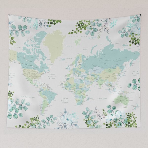 Item preview, Greenery mint and blue detailed world map with cities designed and sold by blursbyai.