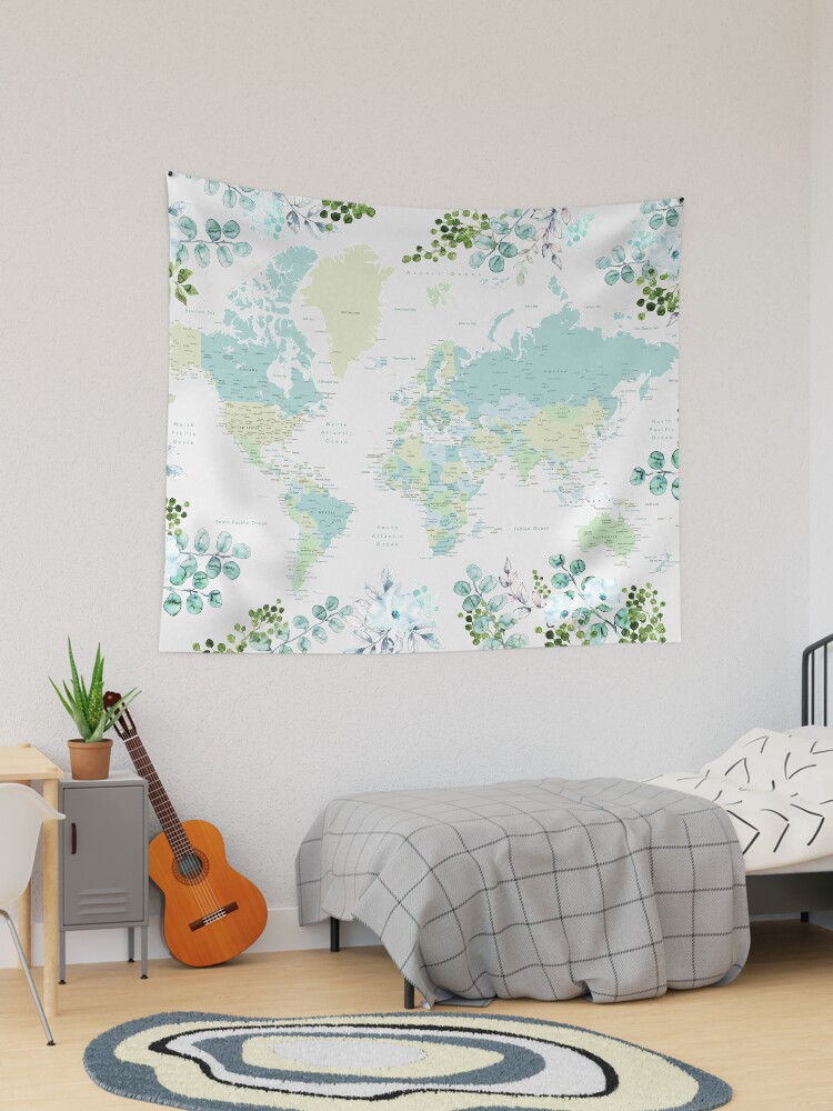 Blue discount map tapestry