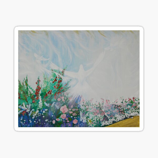 Garden Painting with Flowers and Doves called,RAIN FROM HEAVEN, Acrylic Painting Print Sticker