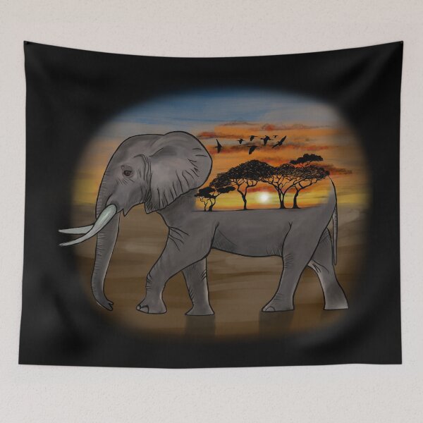 Item preview, African Elephant Sunset Silhouette, Black Background designed and sold by Zurickdesigns.