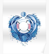 Dolphins with waves Poster