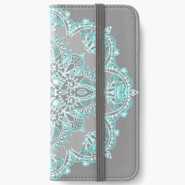 Teal and Aqua Lace Mandala on Grey iPhone Wallet