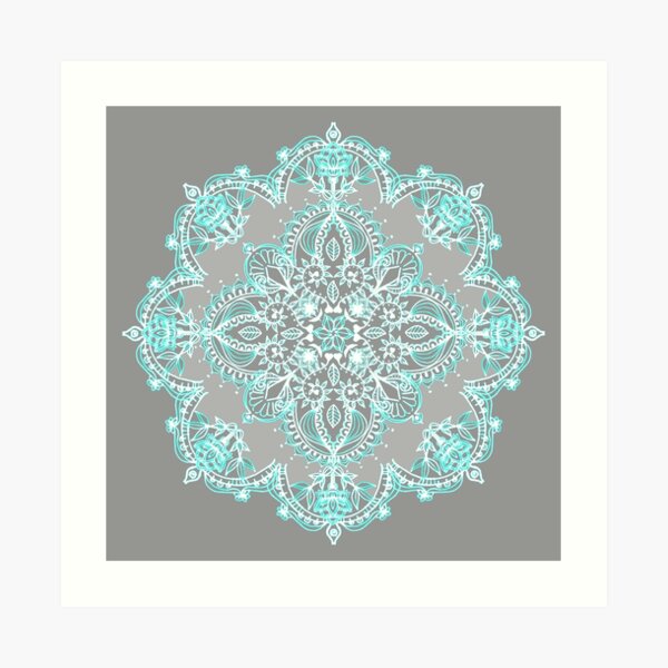 Teal and Aqua Lace Mandala on Grey Art Print