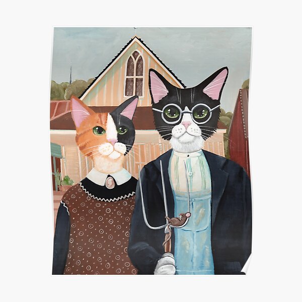 Ameowican Gothic Calico and Tuxedo Cat Poster