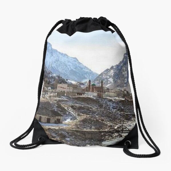 #Mountains, #road, #houses, #river, mountain village Tawlula  Karachay Balkar Drawstring Bag
