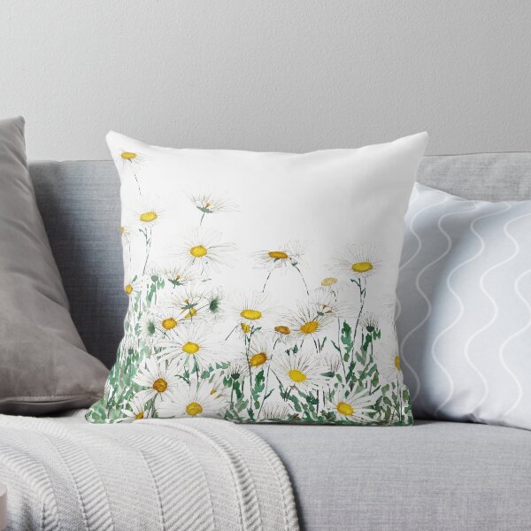 white margaret daisy horizontal watercolor painting Throw Pillow