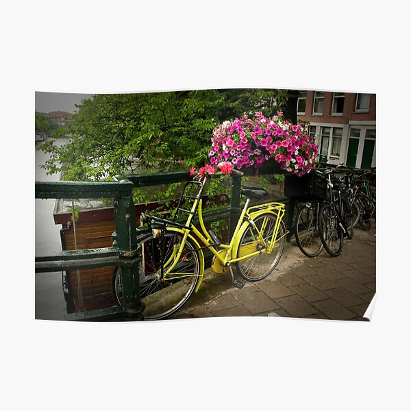 Yellow bike and pink flowers Poster