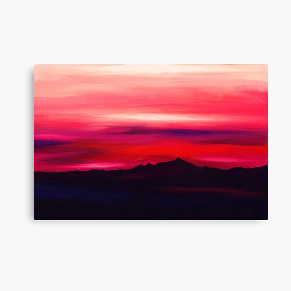 Landscape painting of mountains and a red and pink sky Canvas Print