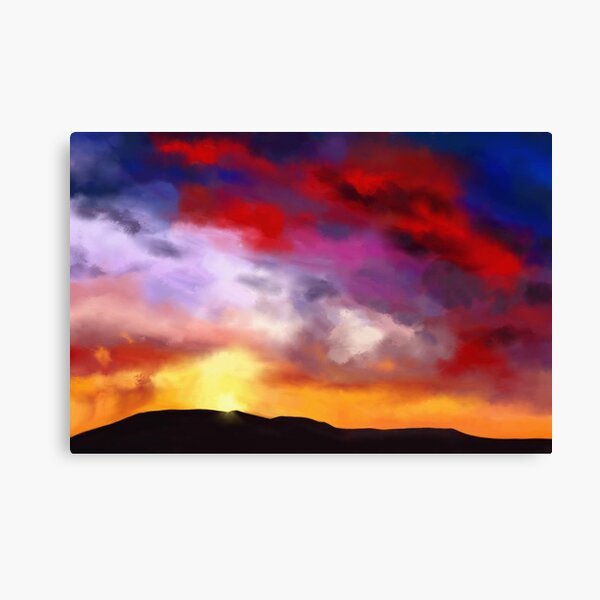 Painting of a simple landscape with a dramatic sky with red clouds Canvas Print
