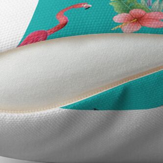 Thumbnail 2 of 3, Throw Pillow, Pink Flamingo watercolor tropical flower garden on teal, painted in watercolor designed and sold by MagentaRose.