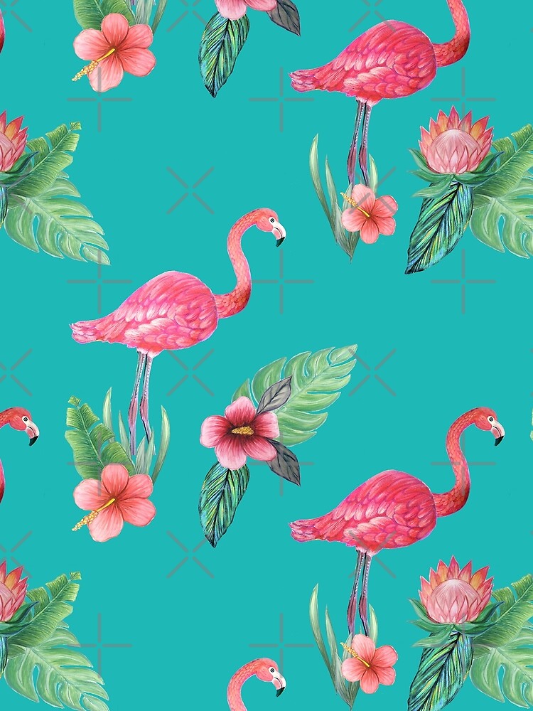 Pink Flamingo flower garden on teal, painted in watercolor by MagentaRose