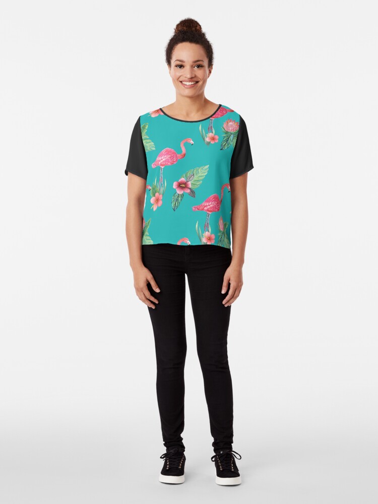 Alternate view of Pink Flamingo flower garden on teal, painted in watercolor Chiffon Top