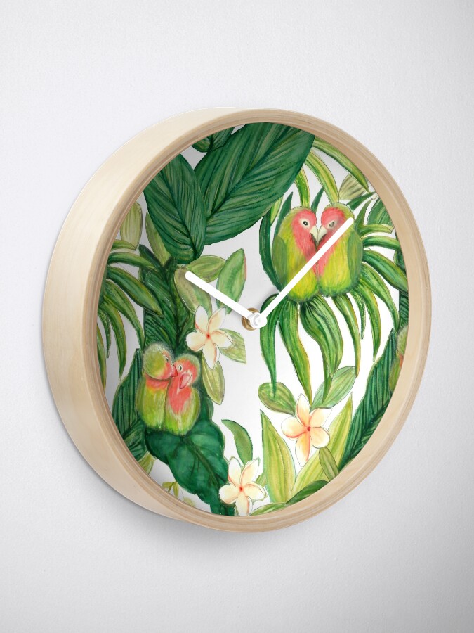 Alternate view of Lovebird tropical flower watercolor art Clock