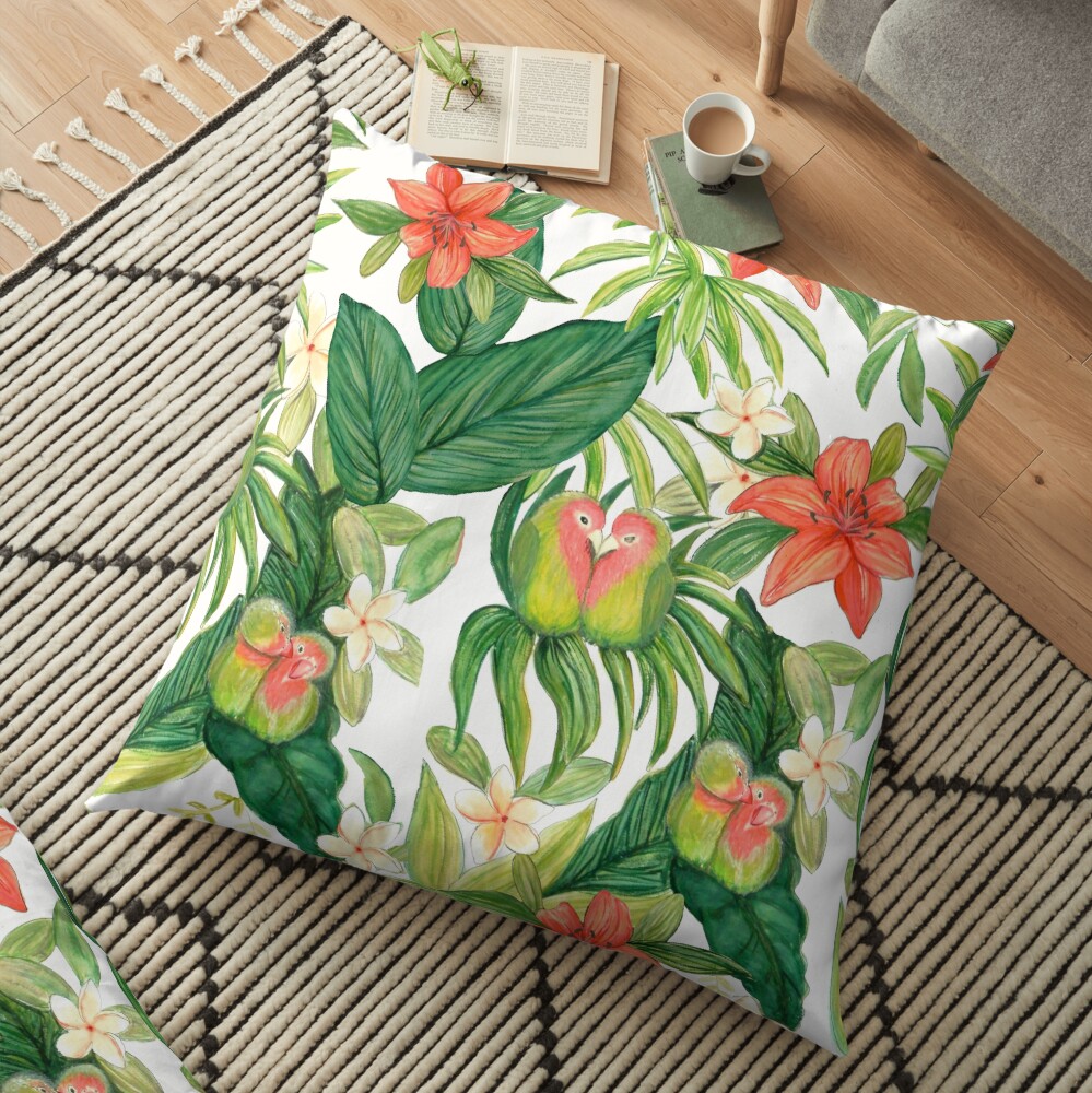 Lovebird tropical flower watercolor art Floor Pillow