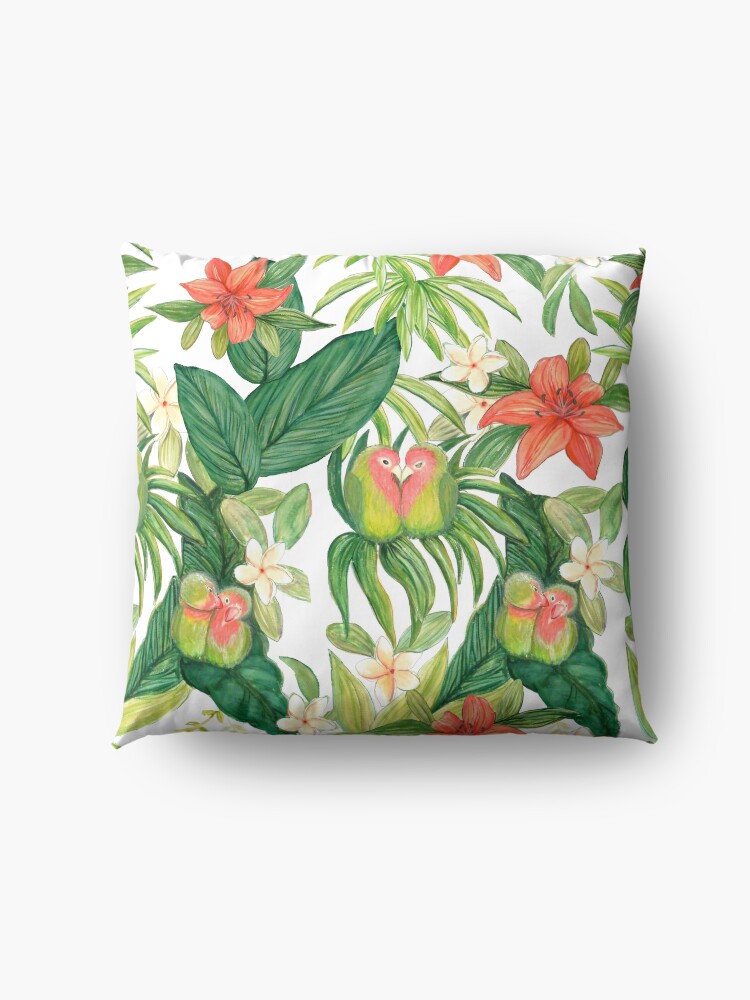 Alternate view of Lovebird tropical flower watercolor art Floor Pillow