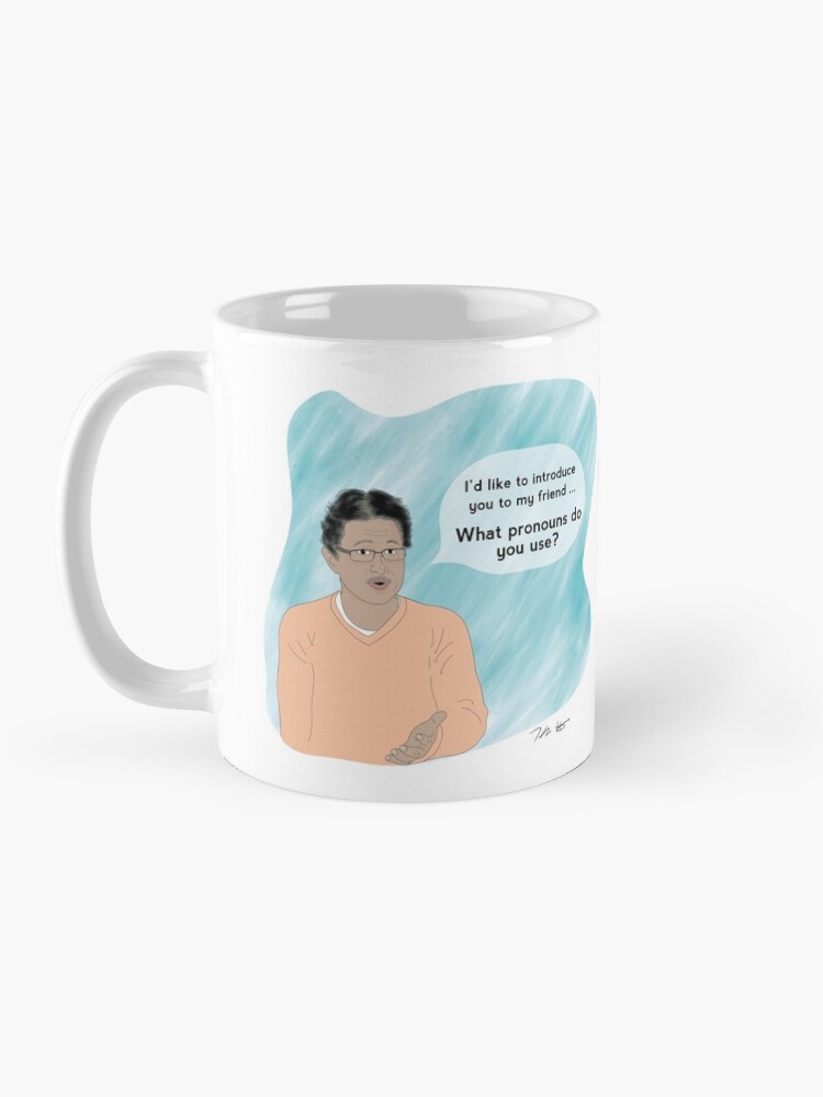 Thumbnail 3 of 6, Coffee Mug, he, she, they, ze ... your mug will remind everyone how to ask about gender pronouns designed and sold by ThinkAgainTC.