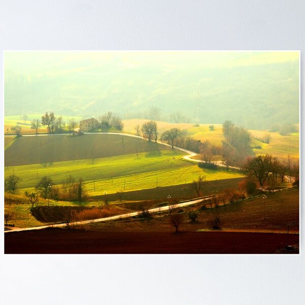 Item preview, Winding road between fields bathed in sunlight and covered with fog designed and sold by Kristina Drozd.