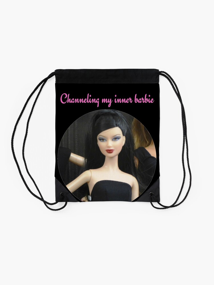 Alternate view of Inner barbie model, with pink text Drawstring Bag
