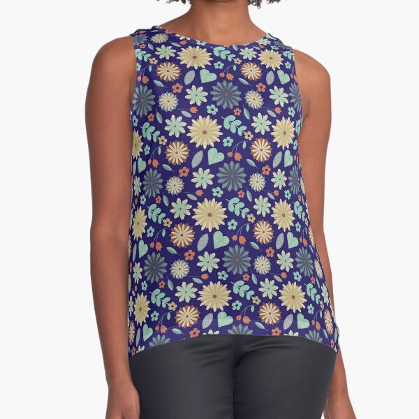 Folk Floral Pattern Navy Blue - Orange - Tan Sleeveless Top