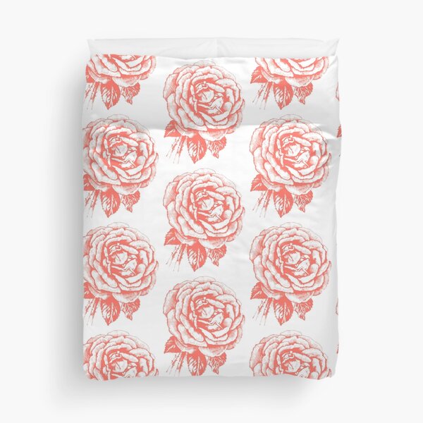 Rose gezeichnet im Vintage-Stil in Farbe "Living Coral" Bettbezug