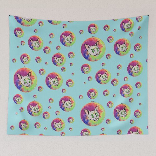 Item preview, Trippy Alien Psychedelic Moon Cat cross stitch embroidery hoop tie dye designed and sold by Xstitchcraft.