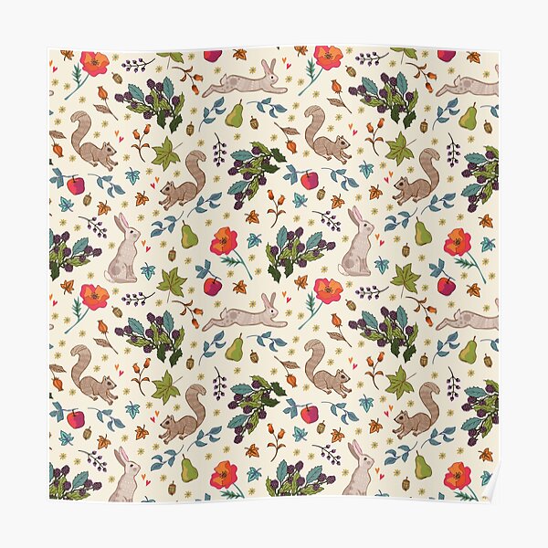 Autumn Hare and Squirrels on Cream Poster