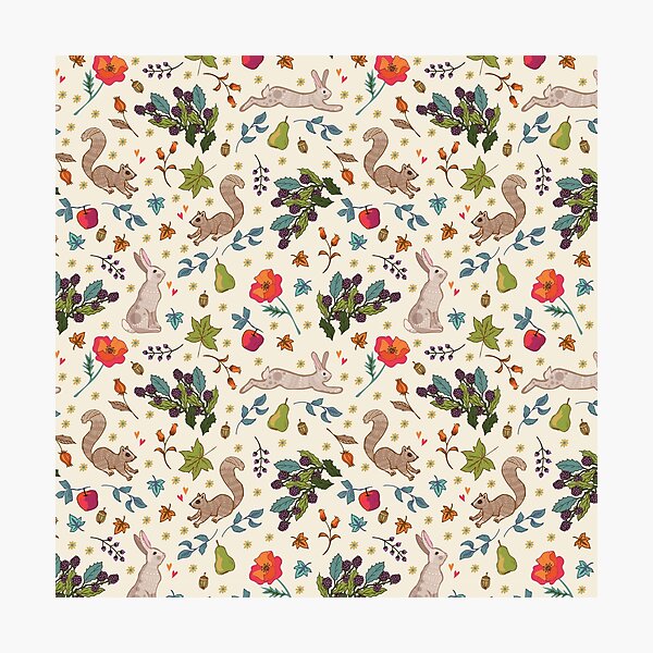 Autumn Hare and Squirrels on Cream Photographic Print