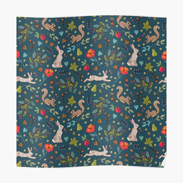 Autumn Hares and Squirrels on Ink Petrol Blue Poster