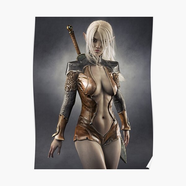 Portrait of a fantasy dark elf female warrior with white long hair. Fantasy illustration Poster