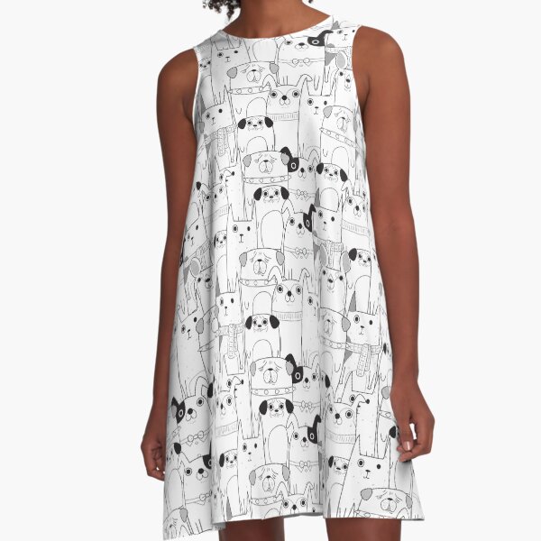 Dog cartoons pattern in black and white A-Line Dress