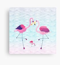 Lámina metálica Pink Flamingos & Abstract Water Waves Illustration
