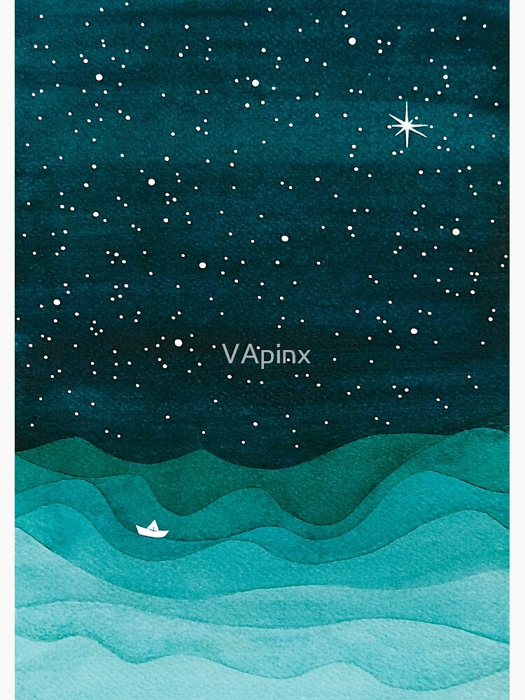 Thumbnail 2 of 2, Greeting Card, Starry Ocean, teal sailboat watercolor sea waves night designed and sold by VApinx.