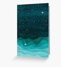Tarjeta de felicitación Océano estrellado, noche de las olas del mar de la acuarela del velero del trullo
