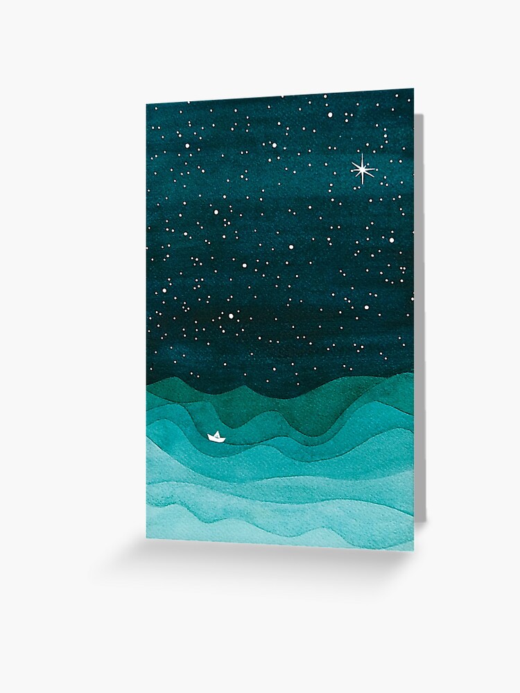Thumbnail 1 of 2, Greeting Card, Starry Ocean, teal sailboat watercolor sea waves night designed and sold by VApinx.