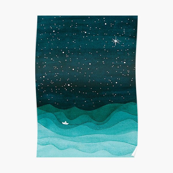 Starry Ocean, teal sailboat watercolor sea waves night Poster