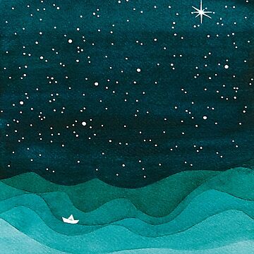 Artwork thumbnail, Starry Ocean, teal sailboat watercolor sea waves night by VApinx