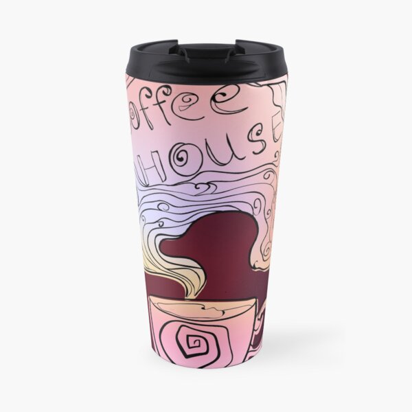 Coffee house doodling on burgundy background. Travel Mug