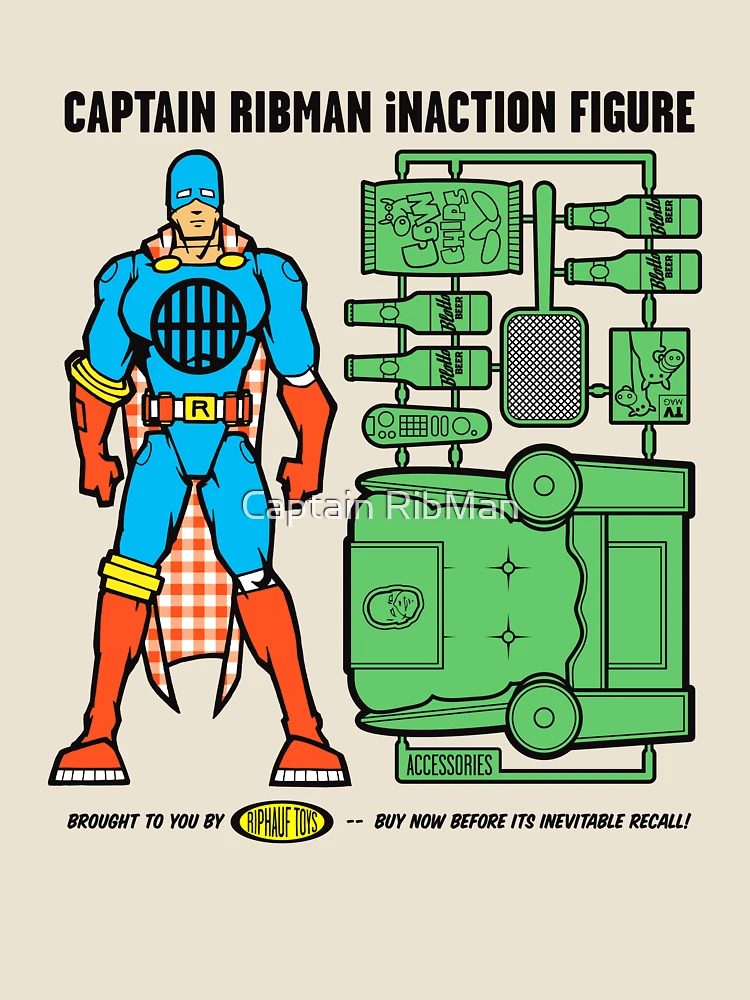 Aperçu 4 sur 4. T-shirt décontracté avec l'œuvre Capitaine RibMan InAction Figure créée et vendue par Captain RibMan.