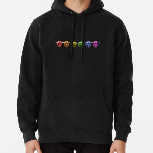 Scottish Highland Cows Rainbow Herd On Black Pullover Hoodie