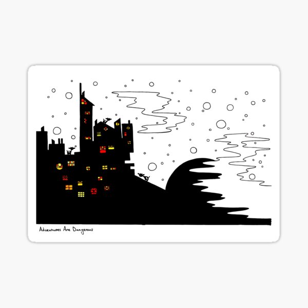 Snowy Cows in Snowy City at Sunset Sticker