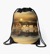 Coastal Herd of Horses on the Beach Drawstring Bag