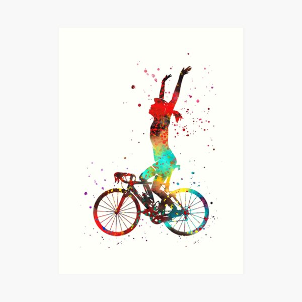 Ciclismo en ruta, ciclismo en carretera, ciclista mujer. Lámina artística