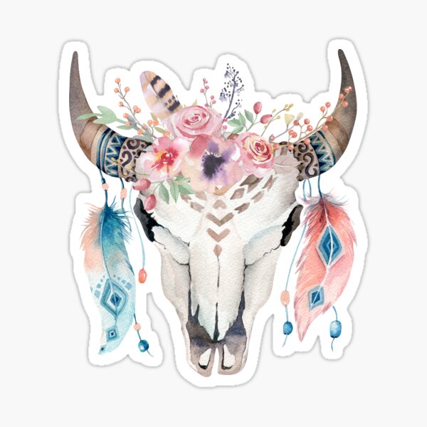 Item preview, BOHO STEER SKULL WITH TRIBAL FEATHERS WATERCOLOR DESIGN designed and sold by ReignGFX.