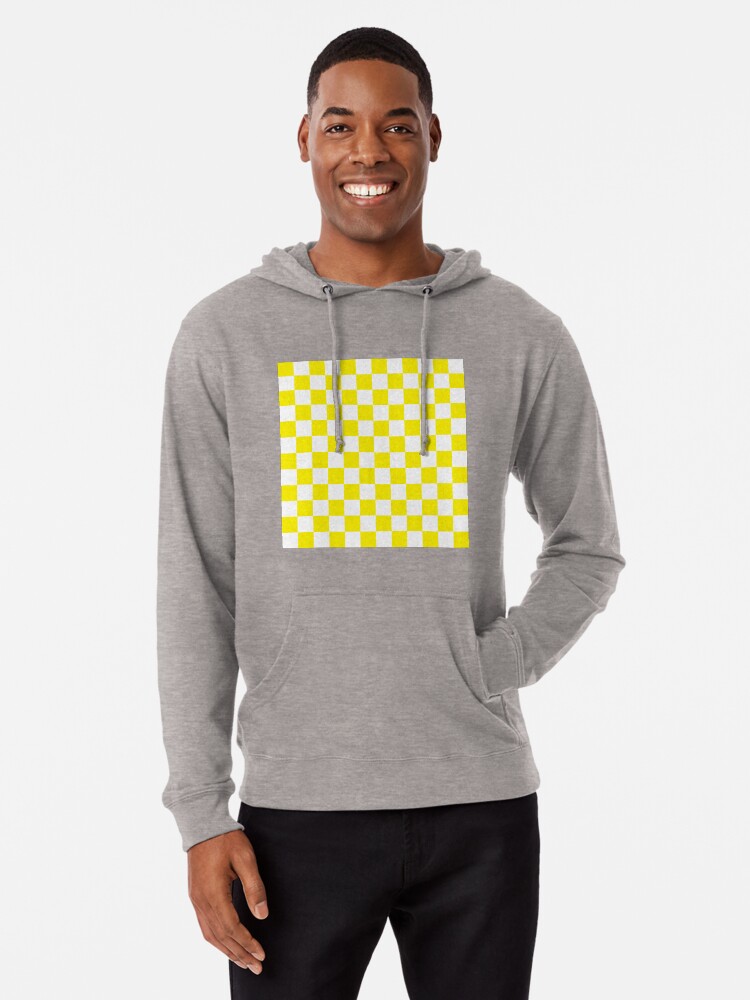 yellow hoodie with checkered sleeves
