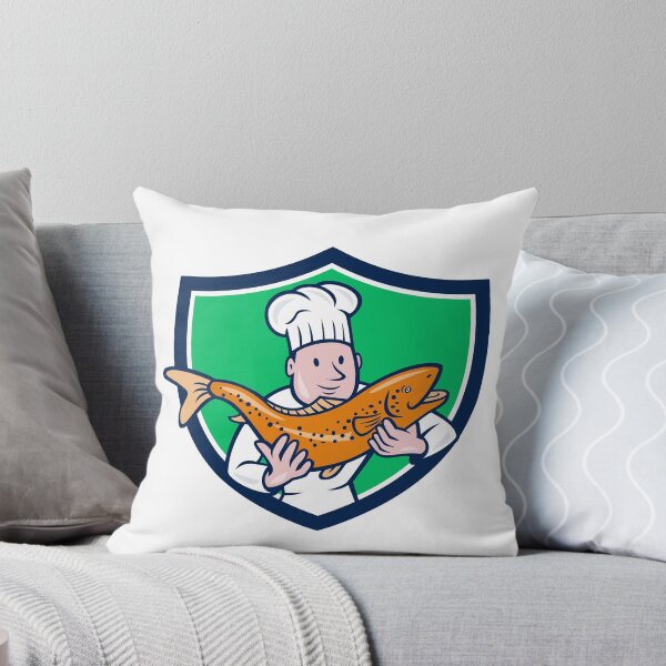 Item preview, Chef Cook Holding Trout Fish Shield Cartoon designed and sold by patrimonio.