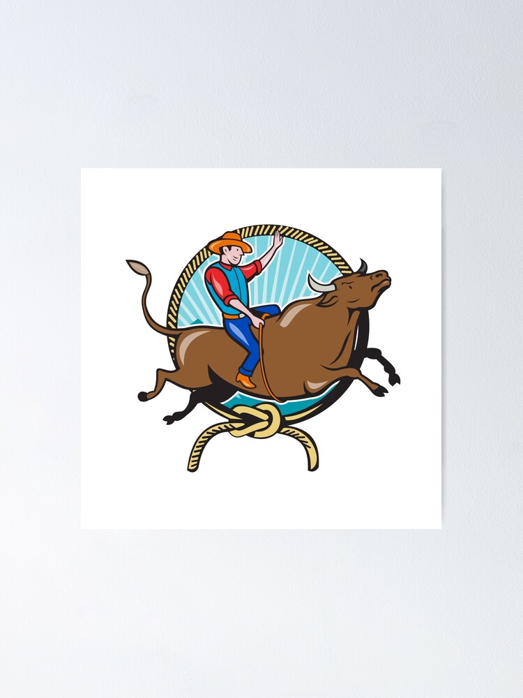 Rodeo Cowboy Bull Riding Lasso Cartoon | Poster