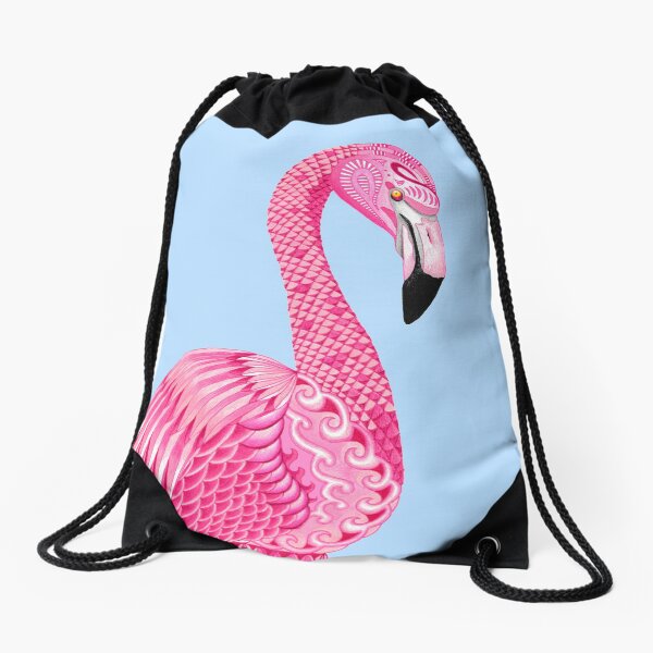 Flamingo Totem (Pale Blue Background) Drawstring Bag