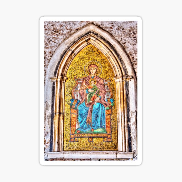 Golden Mosaic of Mary and Jesus on a Wall in Taromina, Sicily Sticker