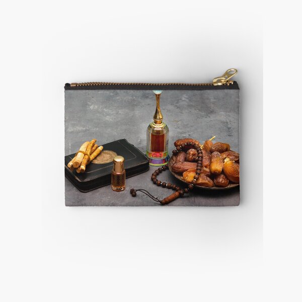 Item preview, Ramadan kareem concept with  dates and holy book of muslims and rosary, siwak, perfume on wooden gray background designed and sold by sigoisette.